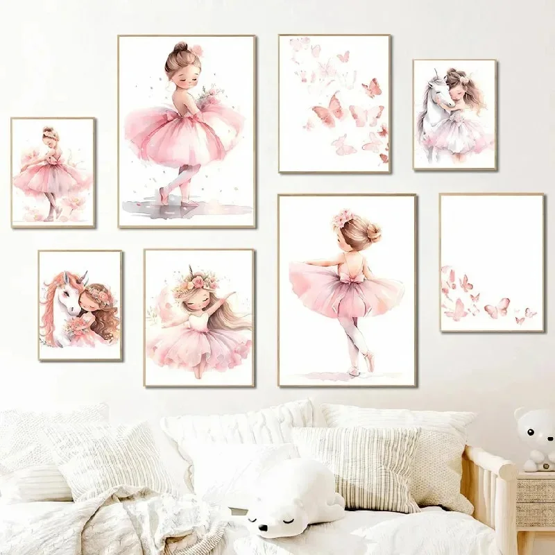Baby Nursery Art - Pink Ballerina Girl Unicorn Butterfly Poster