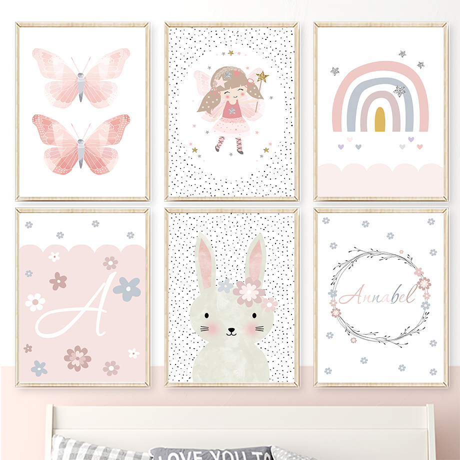 Baby Nursery Art - Cute Girl Rabbit Flower Butterfly Rainbow