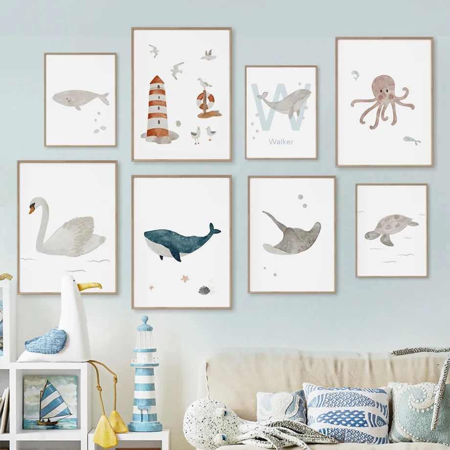 Baby Nursery Animal Pictures - Custom Name Whale Octopus Turtle Swan